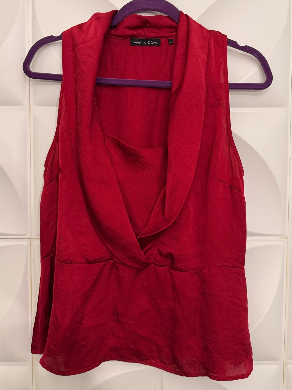 Violet & Claire Burgundy/Red Draped Cowl Neck Sleeveless Satin Top